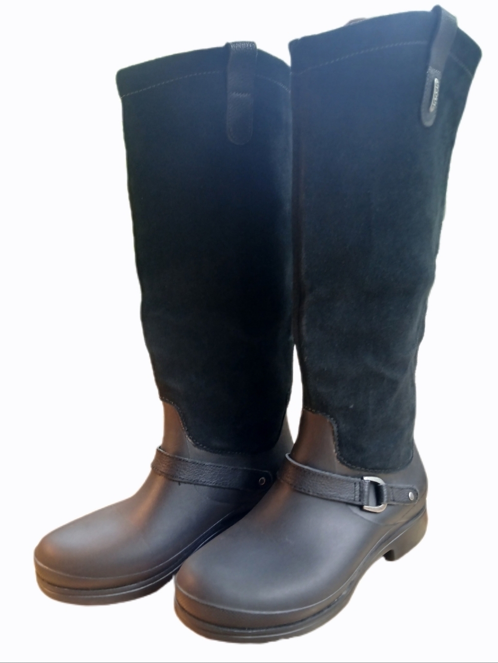 CROCS 9 Black Equestrian Suede Knee Length Tall Boots Rain Riding Zip Waterproof